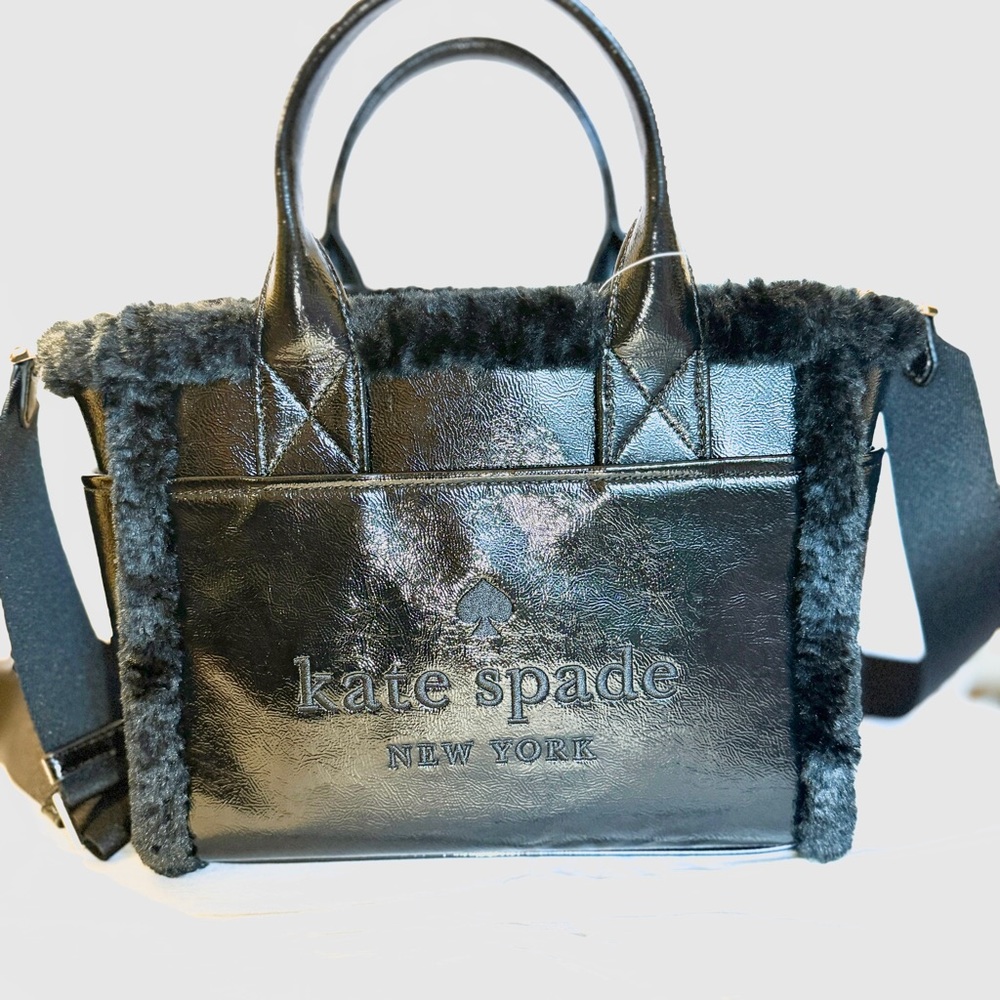 Kate Spade small tote, crossbody option, faux black shearling, black